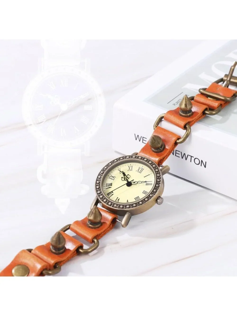 Unisex Orange Analog Quartz Spike Wide Leather Strap Band Vintage Wrist Watch